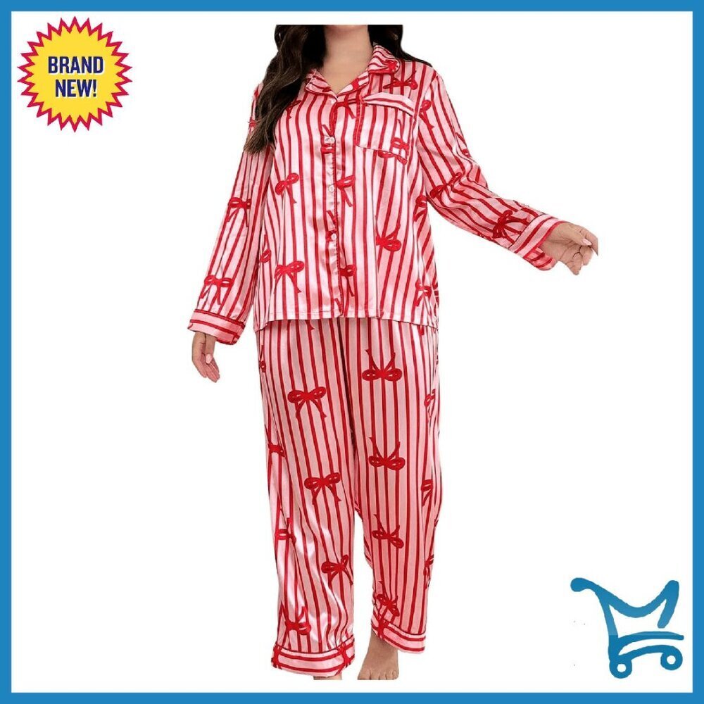 Plus Size Satin Pajama Set Long Sleeve Button Down Sleepwear Lounge